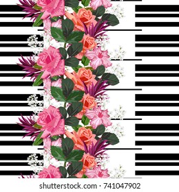 Vintage seamless pattern with beautiful red roses on striped background. Flower background for textile, cover, wallpaper, gift packaging, printing.Romantic design for calico, silk.
