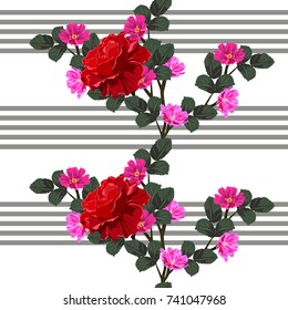 Vintage seamless pattern with beautiful red roses on striped background. Flower background for textile, cover, wallpaper, gift packaging, printing.Romantic design for calico, silk.
