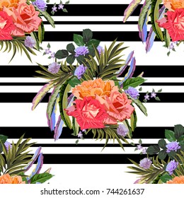 Vintage seamless pattern with beautiful red roses on striped background. Flower background for textile, cover, wallpaper, gift packaging, printing.Romantic design for calico, silk.
