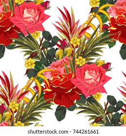 Vintage seamless pattern with beautiful red roses on white background. Flower background for textile, cover, wallpaper, gift packaging, printing.Romantic design for calico, silk.