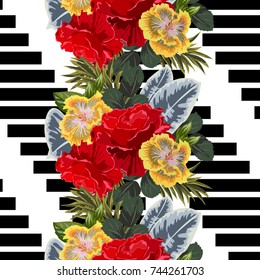 Vintage seamless pattern with beautiful red roses and hibiscuses on striped background. Flower background for textile, cover, wallpaper, gift packaging, printing.Romantic design for calico, silk.