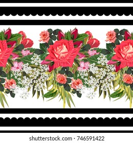 Vintage seamless pattern with beautiful red roses on striped background. Flower background for textile, cover, wallpaper, gift packaging, printing.Romantic design for calico, silk.