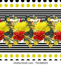 Vintage seamless pattern with beautiful  roses on striped background. Flower background for textile, cover, wallpaper, gift packaging, printing.Romantic design for calico, silk.
