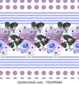Vintage seamless pattern with beautiful  roses on striped background. Flower background for textile, cover, wallpaper, gift packaging, printing.Romantic design for calico, silk.
