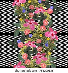 Vintage seamless pattern with beautiful roses and hibiscuses on a striped background. Flower background for textile, cover, wallpaper, gift packaging, printing.Romantic design for calico, silk.