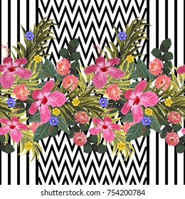 Vintage seamless pattern with beautiful roses and hibiscuses on  striped background. Flower background for textile, cover, wallpaper, gift packaging, printing.Romantic design for calico, silk.
