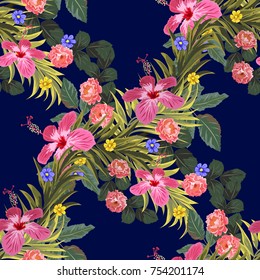 Vintage seamless pattern with beautiful roses and hibiscuses on a dark blue background. Flower background for textile, cover, wallpaper, gift packaging, printing.Romantic design for calico, silk.