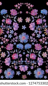 Vintage seamless pattern with beautiful volume embroidery of flowers.