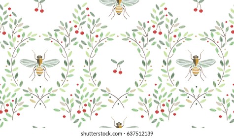 Vintage seamless pattern with bees and cherry branches on withe background for textile, book covers, manufacturing, wallpapers, print, gift wrap. Embroidery.