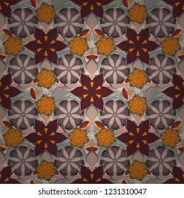 Vintage seamless pattern in beige, brown and gray colors. Hand written vector flowers, stamps, keys.