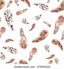 Vintage seamless pattern of beige and brown feathers on a white background