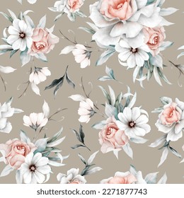 vintage seamless pattern of beige roses with leaves and flowers