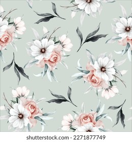 vintage seamless pattern of beige roses with leaves and flowers