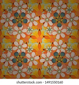 Vintage seamless pattern in beige, yellow and orange colors. Hand written vector flowers, stamps, keys.