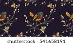 Vintage Seamless pattern: bird, butterfly and flower, leaf, branch, isolated on black background. Imitation embroidery. Hand drawn vector illustration, separated editable elements.