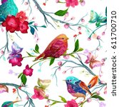 Vintage Seamless pattern: bird, butterfly and flower, leaf, branch, isolated on background. Imitation of embroidery, watercolor. Hand drawn vector illustration, separated editable elements.