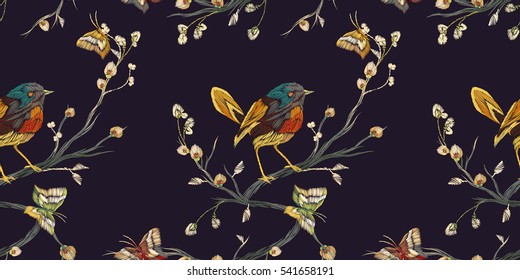 Vintage Seamless pattern: bird, butterfly and flower, leaf, branch, isolated on black background. Imitation embroidery. Hand drawn vector illustration, separated editable elements.