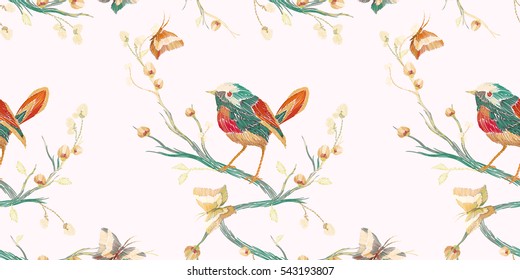 Vintage Seamless pattern: bird, butterfly and flower, leaf, branch, isolated on white background. Imitation embroidery, watercolor. Hand drawn vector illustration, separated editable elements.