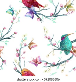 Vintage Seamless pattern: bird, butterfly and flower, leaf, branch, isolated on background. Imitation of embroidery, watercolor. Hand drawn vector illustration, separated editable elements.