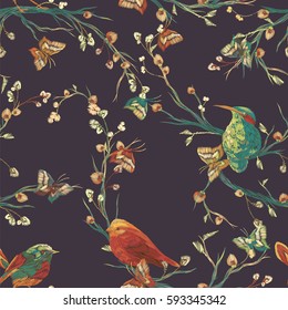 Vintage Seamless pattern: bird, butterfly and flower, leaf, branch, isolated on background. Imitation of embroidery, watercolor. Hand drawn vector illustration, separated editable elements.