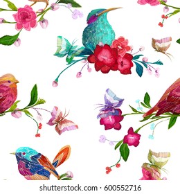 Vintage Seamless pattern: bird, butterfly and flower, leaf, branch, isolated on background. Imitation of embroidery, watercolor. Hand drawn vector illustration, separated editable elements.