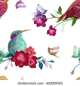 Vintage Seamless pattern: bird, butterfly and flower, leaf, branch, isolated on background. Imitation of embroidery, watercolor. Hand drawn vector illustration, separated editable elements.