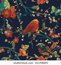 Vintage Seamless pattern: bird, butterfly and flower, leaf, branch, isolated on background. Imitation of embroidery, watercolor. Hand drawn vector illustration, separated editable elements.