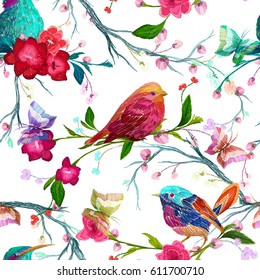 Vintage Seamless pattern: bird, butterfly and flower, leaf, branch, isolated on background. Imitation of embroidery, watercolor. Hand drawn vector illustration, separated editable elements.