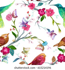 Vintage Seamless pattern: bird, butterfly and flower, leaf, branch, isolated on background. Imitation of embroidery, watercolor. Hand drawn vector illustration, separated editable elements.