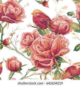 Vintage Seamless pattern: bird, butterfly and flower, leaf, branch, isolated on background. Imitation of embroidery, watercolor. Hand drawn vector illustration, separated editable elements.