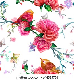 Vintage Seamless pattern: bird, butterfly and flower, leaf, branch, isolated on background. Imitation of embroidery, watercolor. Hand drawn vector illustration, separated editable elements.