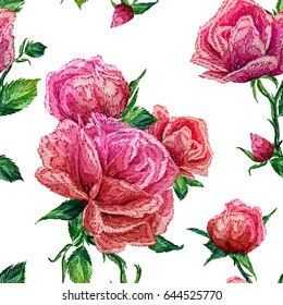 Vintage Seamless pattern: bird, butterfly and flower, leaf, branch, isolated on background. Imitation of embroidery, watercolor. Hand drawn vector illustration, separated editable elements.