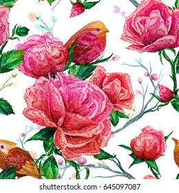 Vintage Seamless pattern: bird, butterfly and flower, leaf, branch, isolated on background. Imitation of embroidery, watercolor. Hand drawn vector illustration, separated editable elements.