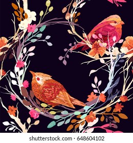 Vintage Seamless pattern: bird, butterfly and flower, leaf, branch, isolated on background. Imitation of embroidery, watercolor. Hand drawn vector illustration, separated editable elements.