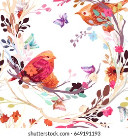 Patrón inmaculado: pájaro, mariposa y flor, hoja, rama, aislado en el fondo. Imitación de bordado, acuarela. Ilustración vectorial dibujada a mano, elementos editables separados.