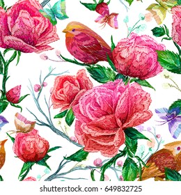 Vintage Seamless pattern: bird, butterfly and flower, leaf, branch, isolated on background. Imitation of embroidery, watercolor. Hand drawn vector illustration, separated editable elements.