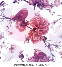 Vintage Seamless pattern: bird, butterfly and flower, leaf, branch, isolated on background. Imitation of embroidery, watercolor. Hand drawn vector illustration, separated editable elements.