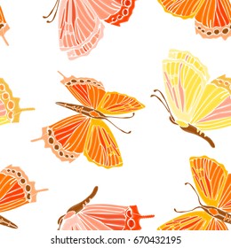 Vintage Seamless pattern: bird, butterfly isolated on background. Imitation of embroidery. Hand drawn vector illustration, separated editable elements.