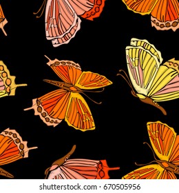Vintage Seamless pattern: bird, butterfly and flower, leaf, branch, isolated on background. Imitation of embroidery, watercolor. Hand drawn vector illustration, separated editable elements.