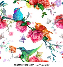 Vintage Seamless pattern: bird, butterfly and flower, leaf, branch, isolated on background. Imitation of embroidery, watercolor. Hand drawn vector illustration, separated editable elements.