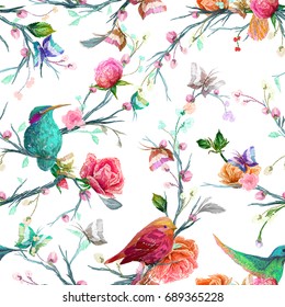 Vintage Seamless pattern: bird, butterfly and flower, leaf, branch, isolated on background. Imitation of embroidery, watercolor. Hand drawn vector illustration, separated editable elements.
