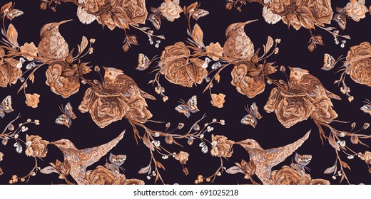Vintage Seamless pattern: bird, butterfly and flower, leaf, branch, isolated on background. Imitation of embroidery.Hand drawn vector illustration, separated editable elements.