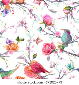 Vintage Seamless pattern: bird, butterfly and flower, leaf, branch, isolated on background. Imitation of embroidery, watercolor. Hand drawn vector illustration, separated editable elements.