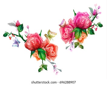 Vintage Seamless pattern: bird, butterfly and flower, leaf, branch, isolated on background. Imitation of embroidery, watercolor. Hand drawn vector illustration, separated editable elements.
