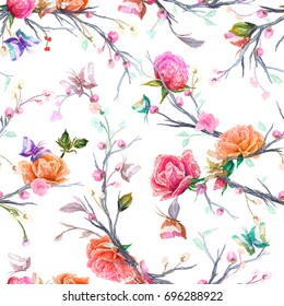 Vintage Seamless Pattern: Bird, Butterfly And Flower, Leaf, Branch, Isolated On Background. Imitation Of Embroidery, Watercolor. Hand Drawn Vector Illustration, Separated Editable Elements.