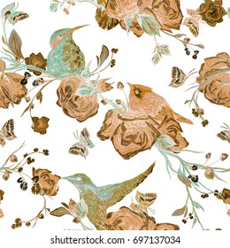 Vintage Seamless pattern: bird, butterfly and flower, leaf, branch, isolated on background. Imitation of embroidery, watercolor. Hand drawn vector illustration, separated editable elements.