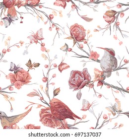Vintage Seamless pattern: bird, butterfly and flower, leaf, branch, isolated on background. Imitation of embroidery, watercolor. Hand drawn vector illustration, separated editable elements.