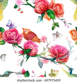Vintage Seamless pattern: bird, butterfly and flower, leaf, branch, isolated on background. Imitation of embroidery, watercolor. Hand drawn vector illustration, separated editable elements.