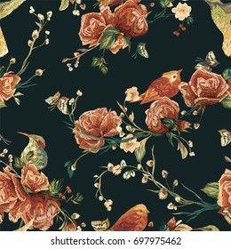 Vintage Seamless pattern: bird, butterfly and flower, leaf, branch, isolated on background. Imitation of embroidery, watercolor. Hand drawn vector illustration, separated editable elements.