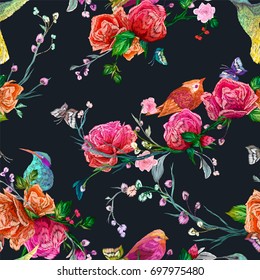 Vintage Seamless pattern: bird, butterfly and flower, leaf, branch, isolated on background. Imitation of embroidery, watercolor. Hand drawn vector illustration, separated editable elements.